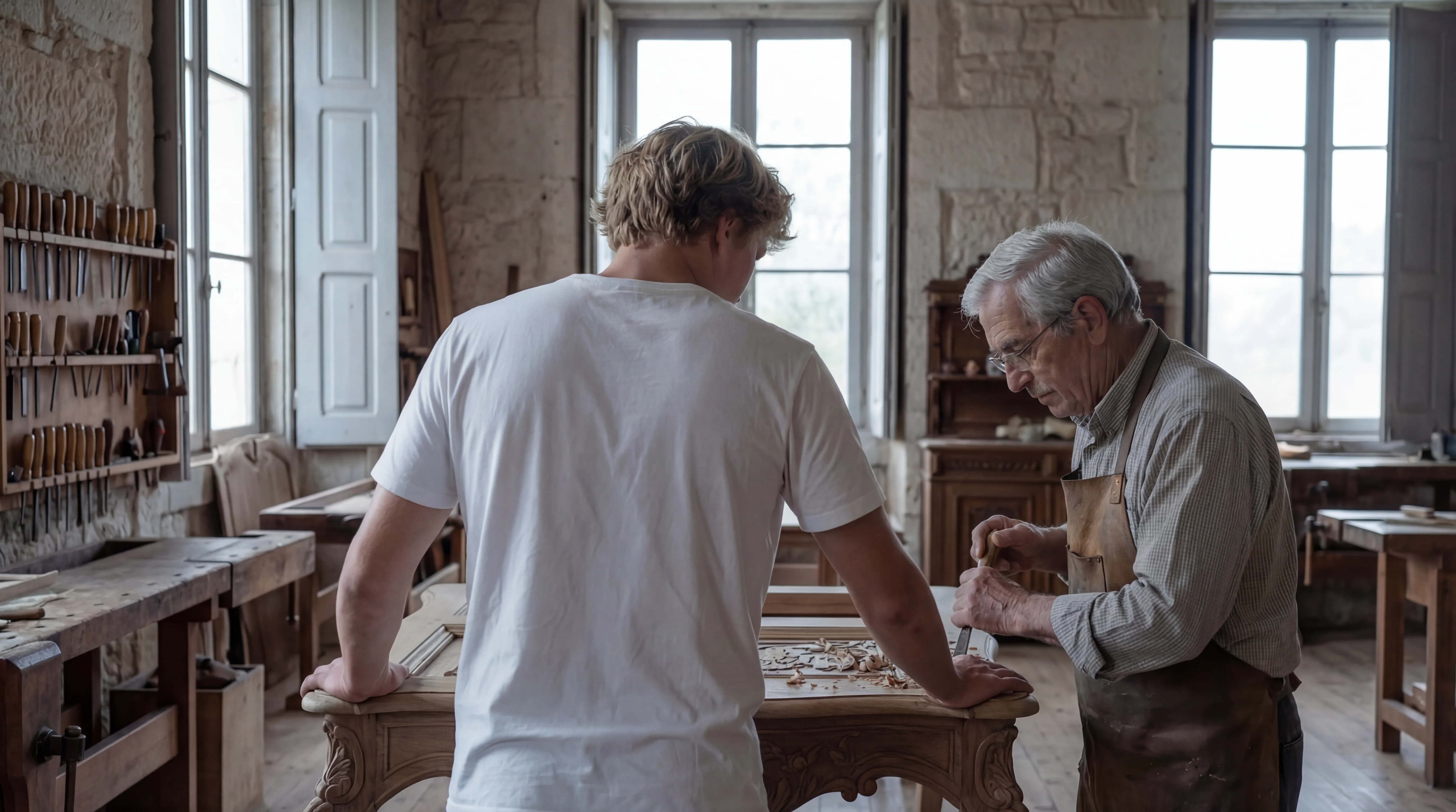 Jeremy learning classical woodworking techniques from an elderly Portuguese master at FRESS in Lisbon